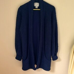 Vintage 80s 90s Sideffects Cardigan Sweater Navy Blue Medium Boucle Open Front